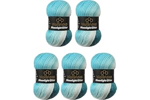 WOLLBIENE Moonlight Glitter Batik Simli - Ovillo de lana para tejer, 5 x 100 g, 500 g, lana para tejer y crochet, 20% lana, lana metalizada, lana turca, degradada, lana brillante (5200 azul turquesa, blanco)