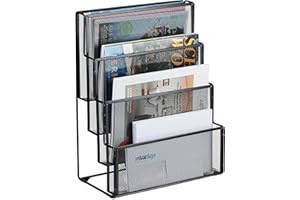 Relaxdays Metalowy uchwyt na czasopisma, 4 przegródki, półka na dokumenty do biura, wys. x gł.: 43 x 33 x 18 cm, uchwyt na magazynek, listy, czarny