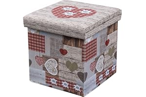 D&D Quality Puff Almacenaje Plegable, Asiento Acolchado, 38 x 38 x 38 cm - Exterior Suave Piel Sintética - Caja Almacenamiento Cuadrada (Corazones)