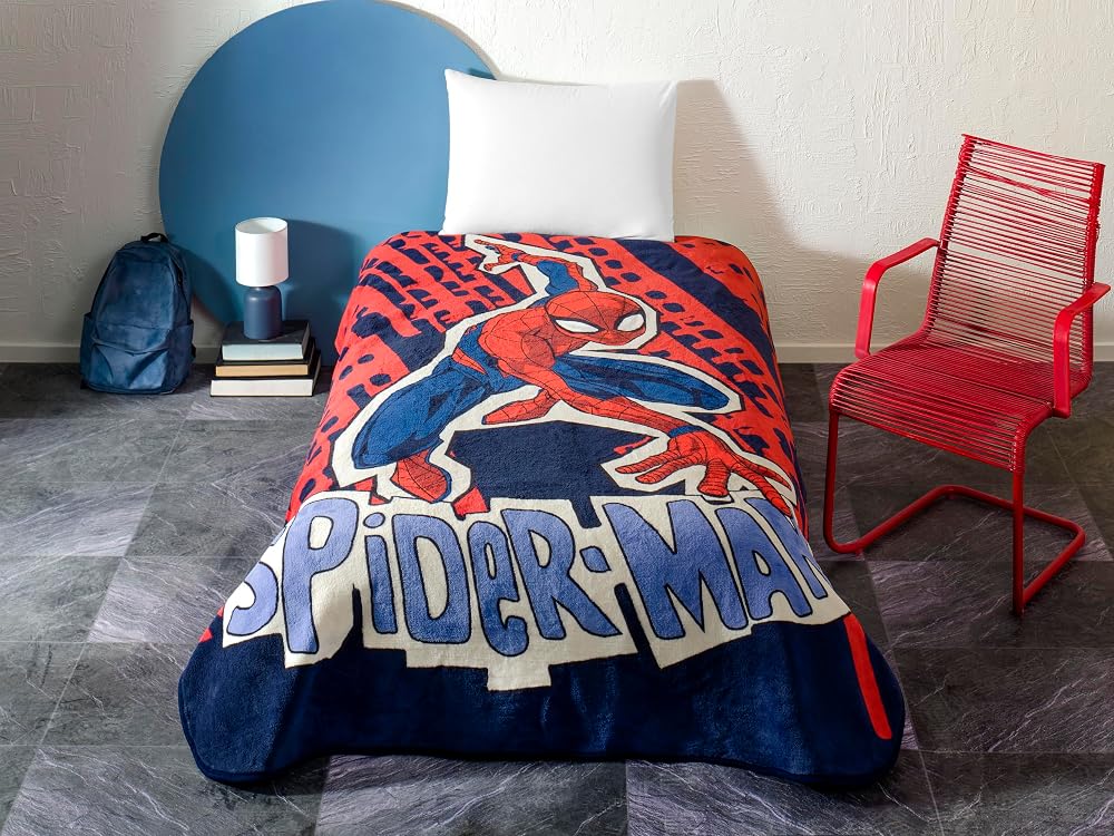 TAÇ Spiderman Block Çizgi Film Karakteri Pamuk-Polyester Karışım Battaniye, Kırmızı, Mavi, Tek Kişilik