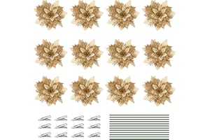 Jesustree Weihnachten Glitzer Weihnachtsstern, 12 Stück Künstliche Weihnachtsblumen Deko, Weihnachts Poinsettia Kunstblumen mit Vorbauten für Hochzeit Weihnachtsbaum Dekorationen