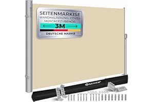 KESSER® Alu-Seitenmarkise Ausziehbar & Blickdicht 300 x 200 cm | Garten-Sichtschutz & Windschutz mit Aufrollautomatik für Balkon & Terrasse | Seitenrollo inkl. Regencover mit Wandhalterung Beige