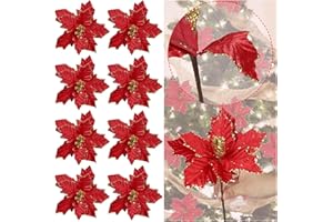 Homcomodar 8 szt. Boże Narodzenie czerwone kwiaty wilczomlecza choinka brokatowe kwiaty dekoracje z łodygą 25 cm bożonarodzeniowe ozdoby kwiatowe na choinkę, pogoda, sezon świąteczny, dekoracja