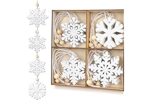 JESUSTREE Schneeflocken Holz Weihnachtsbaumschmuck, Holz Weihnachts-Anhänger mit Juteseil, Schneeflocke Christbaumschmuck Anhänger, Traditionelles Hängende Dekoration - 24 Stück, weiß