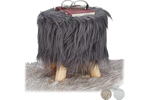 Relaxdays Taburete Bajo de Pelo Sintético Suave con 4 Patas, DM, Madera de Pino y Poliéster, Gris, 31 x 31 cm