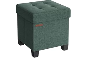 SONGMICS Storage Ottoman, Foldable Small Ottoman Foot Rest, 38 x 38 cm Foot Stool, Ottoman with Storage, Load up to 300 kg, for Living Room, Bedroom, Dorm, Retro Green LSF014C51