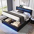 Upholstered Ottoman Storage Bed, 5ft King Size Bed Frame with Storage&LED&USB Wireless Port, Gas Lift Up Storage Upholstered King Size Bed with Adjustable Headboard&Slats, PU, No Mattress, Black