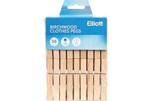 Elliott Hardwood Clothes Pegs with Metal Coil Spring for Firm Grip, Contoured to Prevent Leaving Marks on Clothing, This Pack Include 36 Pegs Ideal for Outdoor and Indoor Use