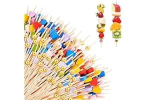 HOAAIGO 200 Stück Cocktailspieße, Holz Cocktail Zahnstocher Cocktailstäbchen, Spiesse für Obst Fingerfood, Getränke Spieße aus Bambus, Bunt Cocktail Sticks mit Niedlich Herz Goldene Perlen Deko für Party