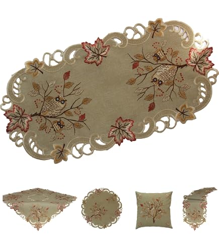 Rosen Tischläufer – Leinen-Optik, Mit Stickerei, Oval Ca. 30x45 Cm, Grün-beige, 100% Polyester