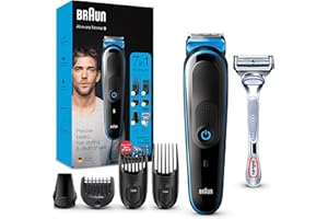 Braun Regolabarba Tagliacapelli Uomo Rasoio incluso, Rifinitore Barba, Accessori Inclusi, 85% di Plastica in Meno, Idea Regalo, MGK3242 All-in-One Nero e Blu