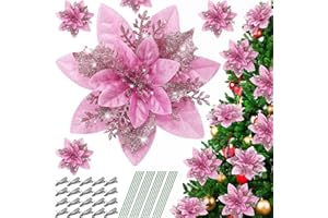 Serwalin 20pcs 14cm Weihnachten Blumen künstliche Rosa Blumen Dekorationen mit Clips Stiele Glitter Weihnachtsbaum Ornamente Weihnachten Hochzeit Party Kranz Girlanden DIY(rosa)