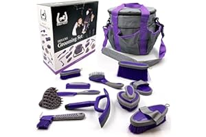 EquiNeat Kit de toilettage pour cheval 12 pièces Coffret cadeau de toilettage équestre qui comprend tous les types de brosse en crin de cheval, étrille et curepieds avec un sac de toilettage