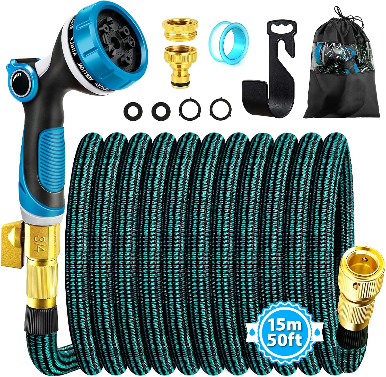 Viosmut Expandable Garden Hose Pipe 15m 50ft, Retractable Hosepipes for Garden with 10 Functions Spray Gun, Expanding Magic Water Hose Attachments 3/4"&1/2" Brass Connectors, Flexible Hose Anti-Kink