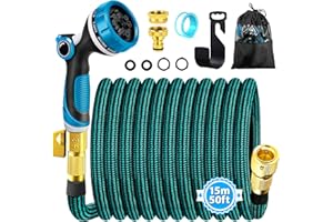 Viosmut Expandable Garden Hose Pipe 15m 50ft, Retractable Hosepipes for Garden with 10 Functions Spray Gun, Expanding Magic Water Hose Attachments 3/4"&1/2" Brass Connectors, Flexible Hose Anti-Kink