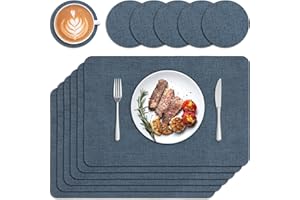 Sarsumir Placemats, Placemats and Coaster Sets 6 Place Mats and 6 Coasters PU Leather Dining Table Mats Washable Heat Resistant Non-Slip for Home Kitchen Restaurant, Dark Blue