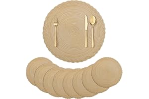 fanquare Round Woven Set of 8 Placemats, Khaki Cotton Braided Place Mats, Heat Resistant Washable Table Mats for Home Party Christmas, 38cm