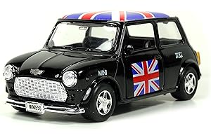 Mini Cooper Model (Black) with Union Jack Top Made of Die Cast Metal and Plastic Parts, Pull Back & Go Action Model - 384B by London Gifts Store