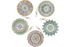 Diamond Painting Portachiavi, XiYee 5 Pezzi 5D DIY Mandala Diamond Painting Keychain Portachiavi per Donna, Pittura Strass Decorativi per Portachiavi, Sacchetto, Regalo della Ragazza
