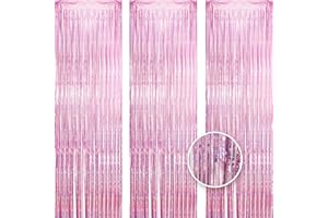 Owill 3pcs 3ft X 8.3ft Pink Tinsel Curtains Aluminum Foil Flow Silk Curtain Background Streamers for Birthday Girl Princess Unicorn Christmas Bachelorette Euphoria Party Decorations