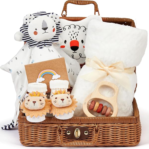 Baby Geschenk Junge Mädchen, Neugeborenen Geschenk Geburt Junge Mädchen Babygeschenke mit Baby Schmusetuch mit Löwe, Babydecke, Lätzchen, Socken, Holzrassel, Babyparty Geschenkbox Baby Shower Party - 1