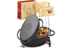 KRUSTENZAUBER Casseruola in ghisa da 35 cm con coperchio, adatta al forno [con forchetta per carne] – Pentola in ghisa XXL – ideale per stufare Kazan, cottura a induzione, padella in ghisa adatta al