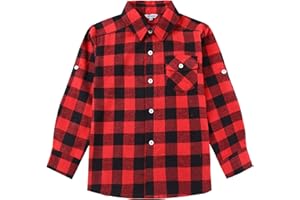 Bienzoe Boys Button Down Shirt: Kids Plaid Flannel Long Sleeve Shirts