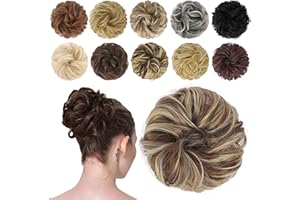 FESHFEN Moños Postizos Coleteros Pelo Mujer Postizos de Pelo Natural Rizado Ondulado Postizos Moño y Coletas Sintético Extensiones de Cabello, 42 g Castaño Cobrizo y Rubio Beige