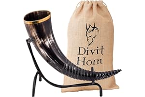 DIVIT HORN Corne à boire Viking avec support en fer véritable Divit | Ornements en laiton et sac-cadeau en toile de jute inclus | Corne de 13 ’’ capacité de 16 oz (400 ml) | L'original. (Swirl Carved, Polished)