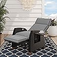 Grand patio Recliner Sunlounger Adjustable Position Backrest Armchair with Flip Table and Cushion Lounge Chair Sun Lounger for Garden, Yard, Patio, Outdoor - Dark Gray Cushion & Brown Wicker