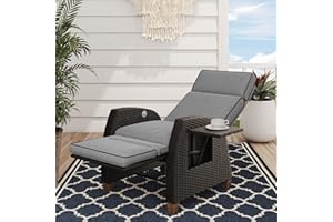 Grand patio Recliner Sunlounger Adjustable Position Backrest Armchair with Flip Table and Cushion Lounge Chair Sun Lounger for Garden, Yard, Patio, Outdoor - Dark Gray Cushion & Brown Wicker