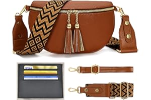 YISUOHOOM Kleine Umhängetasche Damen Leder Crossbody Bag Damen Breiter Gurt Bauchtasche Damen Stylisch Braun Mit 2 Trageriemen，Kreditkartenfac