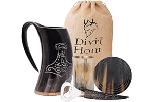 DIVIT HORN Divit auténtico cuerno vikingo | La taza de cerveza arcaica | Estilo real; Beber de una copa de cuerno de buey real. (Thor | Polished, 650-700 ml)
