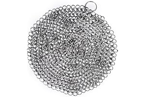 Mythrojan Cast Iron Scrubber 316 Stainless Steel Skillet Cleaner Chainmail Scrubber Chain Mail Scrub with Hanging Ring for Cast Iron Pre-Seasoned Pans (18 x 18 cm)