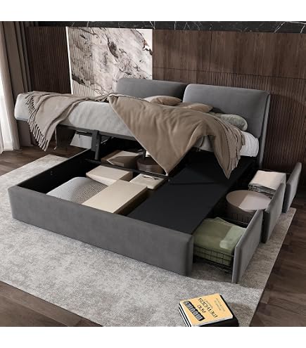 Letto imbottito 180 x 200 cm, letto matrimoniale con 4 cassetti, rete a