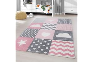 HomebyHome Alfombra para niños Pila Corta Diseño de Azulejos en Forma de Estrella de corazón Habitación de los niños de los bebés Suave Rectangular Redondo Rosa, Tamaño:120x170 cm