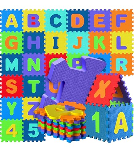 Cantoblanc® Puzzelmat Baby Foam EVA-rubber Opbergzak. Speelmat 36 delen met Geometrische Figuren en Randen. Groot Formaat en Dikte 140x140x1,2 cm (Koningsblauw, Kersenrood, Appelgroen, Intens oranje