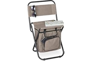 Relaxdays Sgabello Pieghevole, Sedia Portatile da Campeggio, da Pesca, Borsa Portaoggetti, Schienale, 60x35x35 cm, Beige