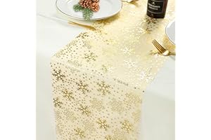 Cekene 9.15m Christmas Table Runner Gold Organza Thin Mesh Table Runner Roll with Glitter Snowflake Christmas Tablecloth Decoration for Dining Party Wedding Birthday Baby Shower (28cm X 10Yd)
