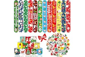 Seamart 74Pcs Cadeaux Noël Party, Faveurs pour la Fête de Xmas, 24Pcs Bracelet de Slap pour Enfants + 50Pcs Autocollants, Bracelet à déclic