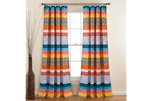 Lush Decor Boho Stripe Window Curtain Bohemian Geomatric Floral Design Panel Pair, 52" W x 84" L, Turquoise & Tangerine