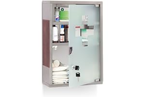 ‎RELAXDAYS Relaxdays Medizinschrank EMERGENCY Edelstahl und Holz-Optik XL HBT: 45 x 30 x 12 cm mit 3 Fächern und Glas-Tür zum Abschließen inkl. 2 Schlüsseln für Erste Hilfe moderner Stil fürs Bad, silber / braun