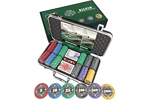 Bullets Playing Cards, Kuferek Silvio, zestaw do pokera z 300 ceramicznymi żetonami do pokera z nadrukowanymi wartościami wraz z ceramicznym przyciskiem dealera, dwupak kart do pokera