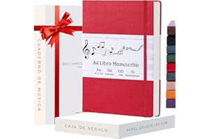 Beechmore Books Cuaderno de música A4 (21,6 x 29 cm) – 156 páginas, 120 g/m² | Tapa dura piel vegana, hojas con pentagrama perforadas, apertura plana, caja de regalo para músicos