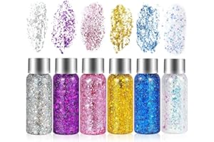 GOTANC 6 Bottiglia Glitter Gel Corpo, Brillantini Make Up Gel, Viso Glitterato Gel Glitter Corpo per Viso, Capelli, Unghie, Occhi, Labbra, Chunky Glitter Gel per Musica, Festival, Feste in Maschera