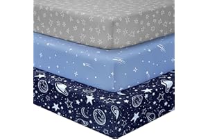 Unnivoll Cot Bed Sheets 140 x 70 cm Fitted Super Soft & Breathable Toddler Bed Sheets Cozy Baby Cot Sheets 3 Pack Dark Blue Planet