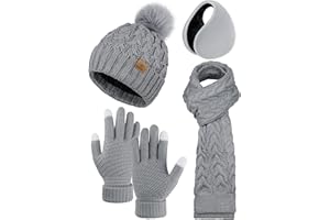 URATOT 4 Packungen Winter Warm Set Gestrickte Pompom Hut Schal Touchscreen Handschuhe Ohrwärmer 4 In 1 Set für Männer oder Frauen