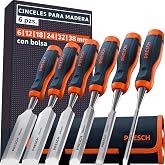 Presch Wood chisel set 6 pcs incl. bag - Fully sharpened (6, 12, 18, 24, 32, 38 mm) - With 25&deg; wedge angle and robust metal i