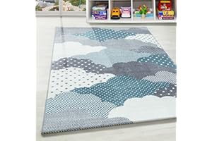 TEPPIUM Tappeto per bambini con motivo a nuvole, morbido e soffice, per camera da letto per bambini, per neonati, per ragazzi, tappeto facile da curare Misurare: 160 x 230 cm Colore: Blu-1