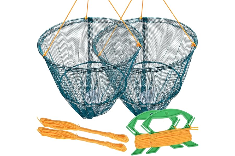 A1FISHER Set of 2/4 Crab Drop Net with Bait Bag & Rope & Line Handle for Catching Crab, Fish, Prawn, Crayfish, Lobster, Portable Crabbing Kit for Outdoor Fun, Multi Colors W30cm x H25cm